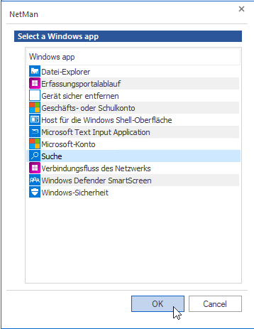 Auswahl einer Windows-App: Liste der zur Verfügung stehenden Windows-Apps.