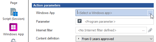 Skripteditor Seite Windows-App: neben Windows-App ist die Auswählen-Schaltfläche (3 Punkte) gewählt.