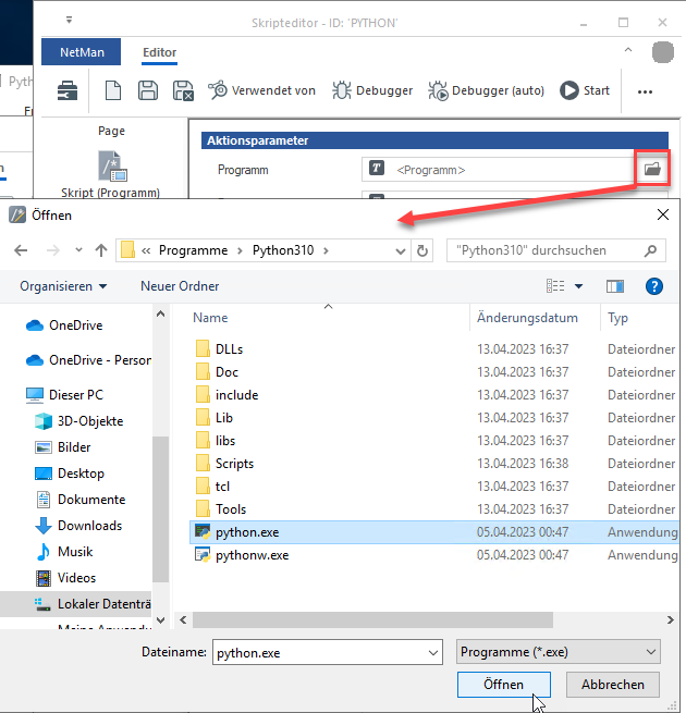 Seite Programm / Zeile Programm: Die Auswählen-Schaltfläche öfffnet den Windows Explorer. Sie wählen die ausführbare Datei (.exe) und aktivieren die Schaltfläche Öffnen.
