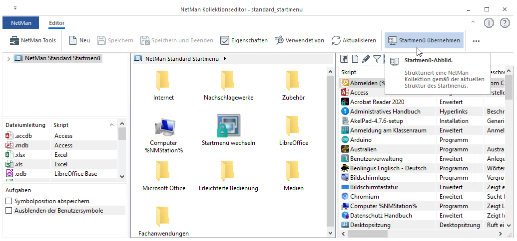 Kollektionseditor: Menüleiste Startmenü übernehmen gewählt
