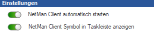 Die Schieberegler "NetMan Client automatisch starten" und "NetMan Client Symbol in Taskleiste anzeigen" sind aktiviert.