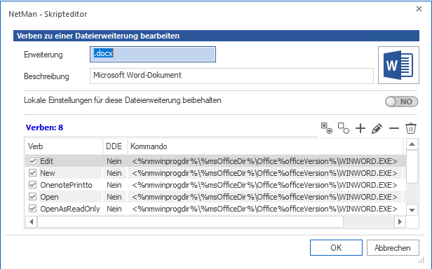 Dialog Verben zu einer Dateierweiterung bearbeiten