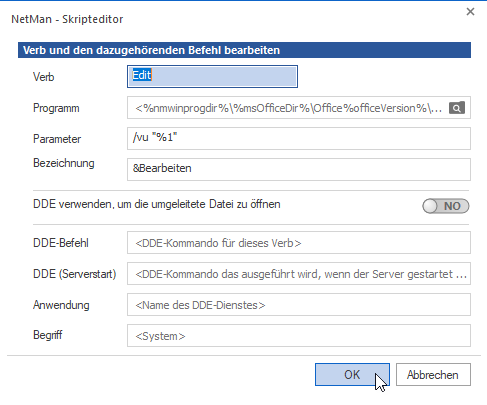 Dialog Verb und den dazugehörigen Befehl bearbeiten