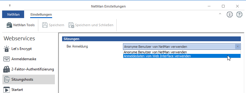 NetMan Einstellungen Webservices / Sitzungshosts Sitzungen: Bei Anmeldungen Anmeldedaten vom Web Interface verwenden gewählt. 