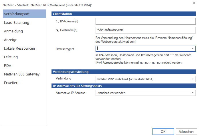 Beispiel Dialog Startart: Im Bereich Clientstation ist Hostname angewählt. Im Feld Hostname ist *.hh-software.com eingetragen.