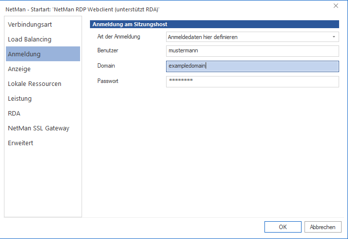Dialog Startart, Karte Anmeldung: Im Feld Art der Anmeldung ist "Anmeldedaten hier definieren" gewählt. Im Feld Benutzer ist "mustermann" eingetragen, Im Feld Domain "exampledomain", zusätzlich ist ein Passwort eingetragen.