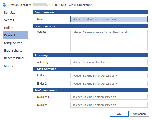 Kontaktdatenseite mit den Eingabefeldern: Name, Adresse, Abteilung, E-Mail 1 und 2, Telefonnummer 1 und 2.