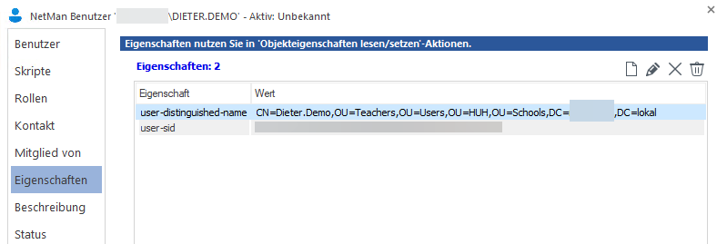 Benutzereigenschaften user-distinguished-name und user-sid