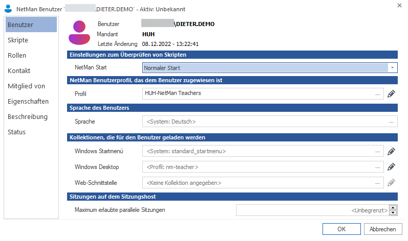 Beispiel Benutzereigenschaften: Benutzer hat sich noch nie angemeldet.