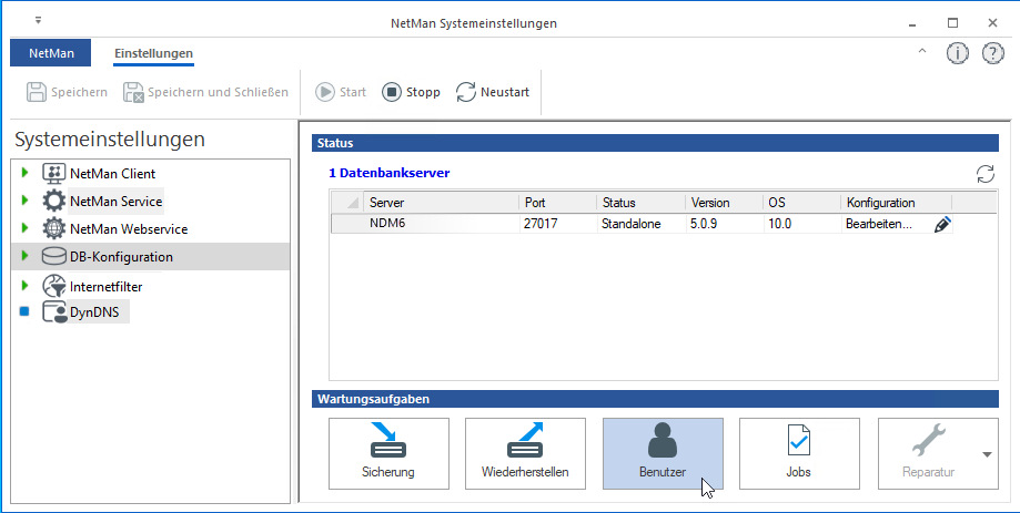 NetMan Systemeinstellungen Seite DB-Konfigurazion im Arbeitsbereich unten befinden sich die Wartungsaufgaben. Benutzer ist die 3. Schaltfläche von links.