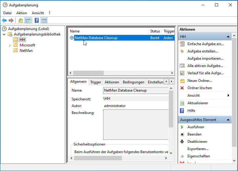 Aufgabenplanung NetMan Database Cleanup angewählt