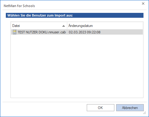 Benutzer zum Import auswählen.