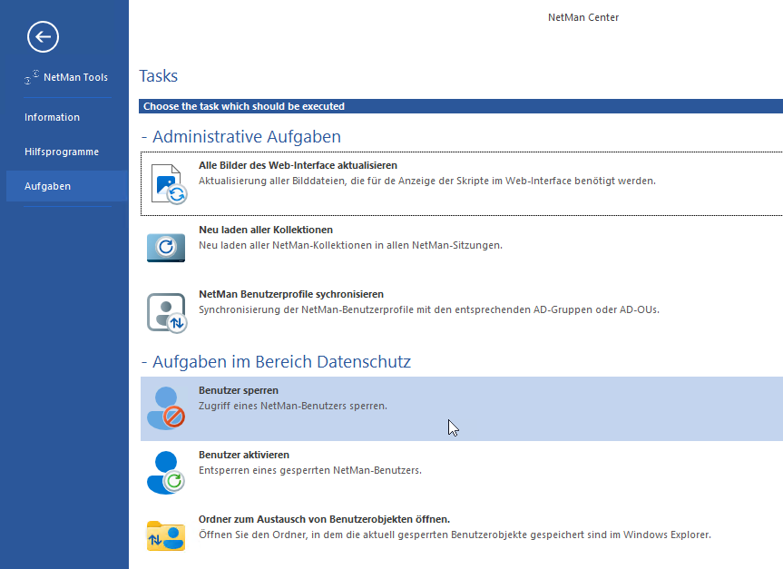 NetMan Center Backstage-Ansicht: Aufgaben im Bereich Datenschutz: Benutzer sperren