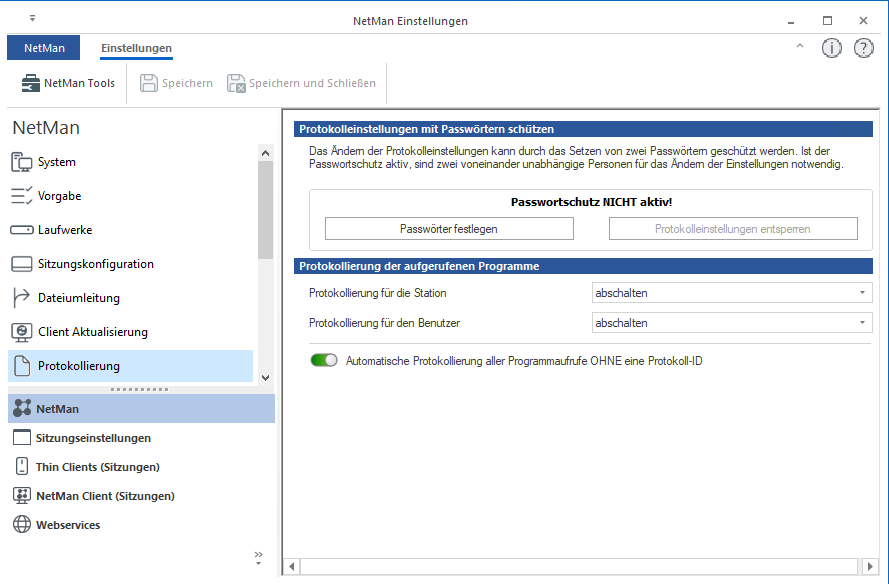 NetMan Einstellungen: Passworrtschutz nicht aktiv, automatische Protokollierung aller Programmaufrufe ohne Protokoll-ID